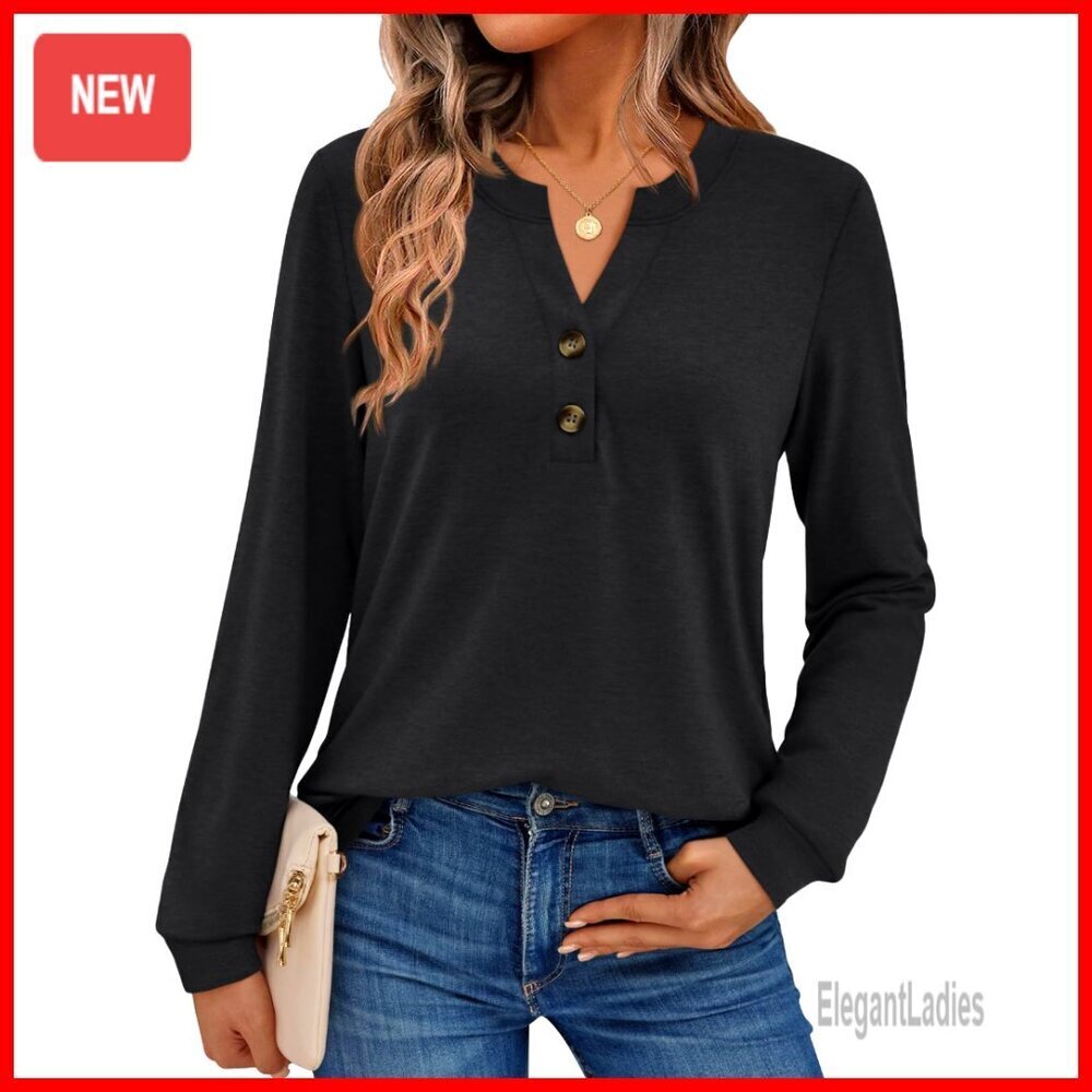 Long Sleeve V-Neck Blouse, Polyester Rayon Blend, Loose Fit Business Casual